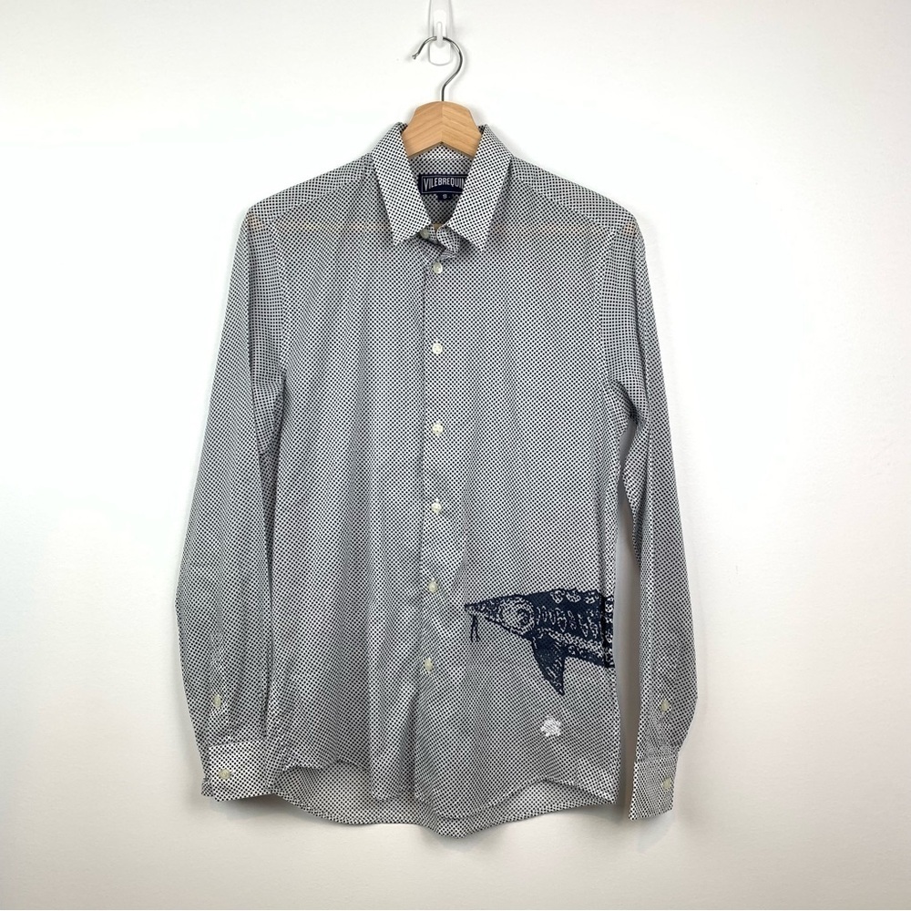 Vilebrequin Button Up Shirt Sz Small Blue White Polka Dots Fish Long Sleeves